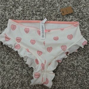 SKIMS White and Pink Heart Patterned Ruffle Panties